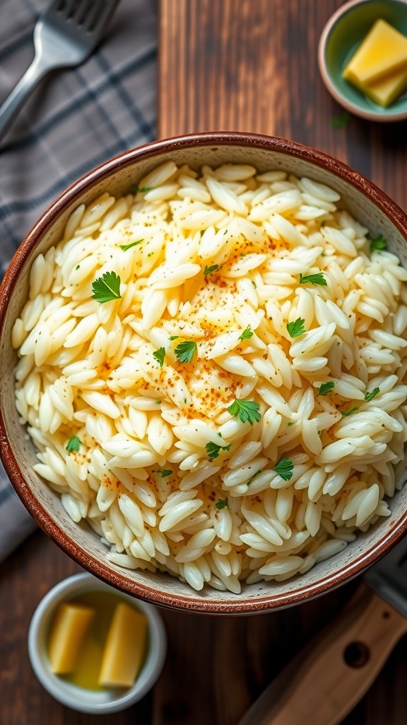 Fluffy garlic butter rice garnished with parsley in a bowl on a wooden table.